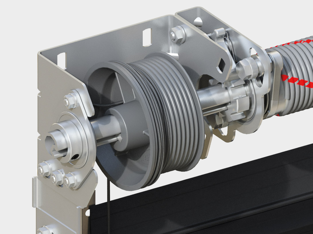 The spring break protection device blocks the shaft in emergency situations, which prevents the door leaf from falling.